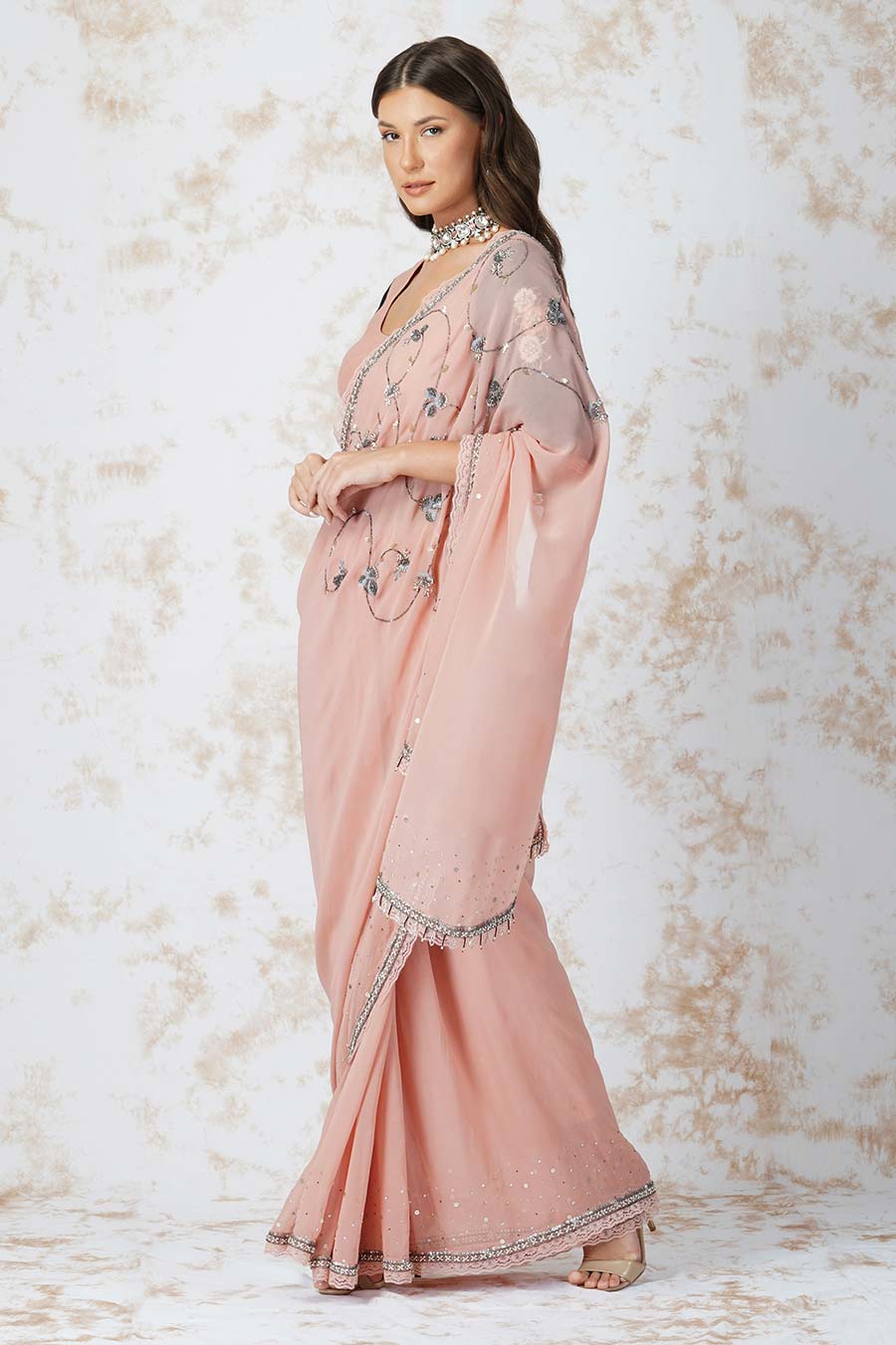 Antique Work Pink Saree & Unstitched Blouse Set