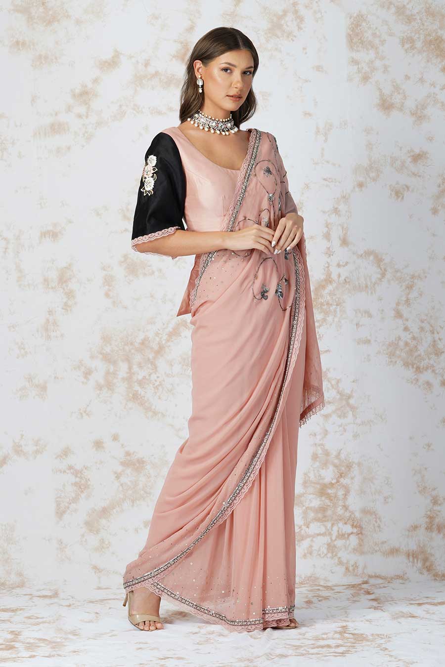 Antique Work Pink Saree & Unstitched Blouse Set