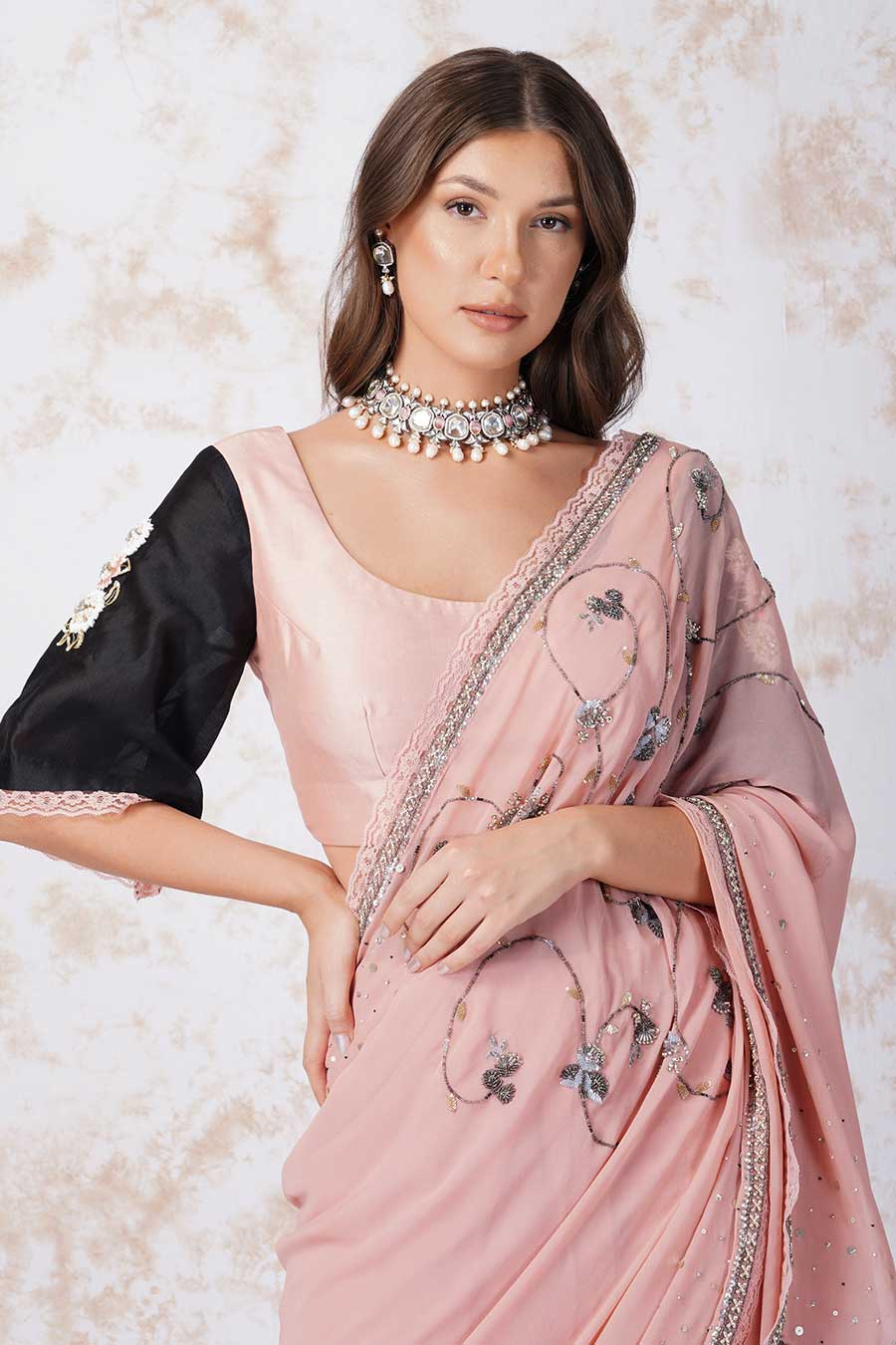 Antique Work Pink Saree & Unstitched Blouse Set