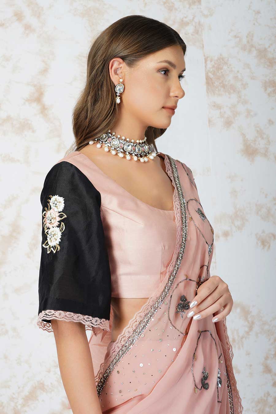 Antique Work Pink Saree & Unstitched Blouse Set