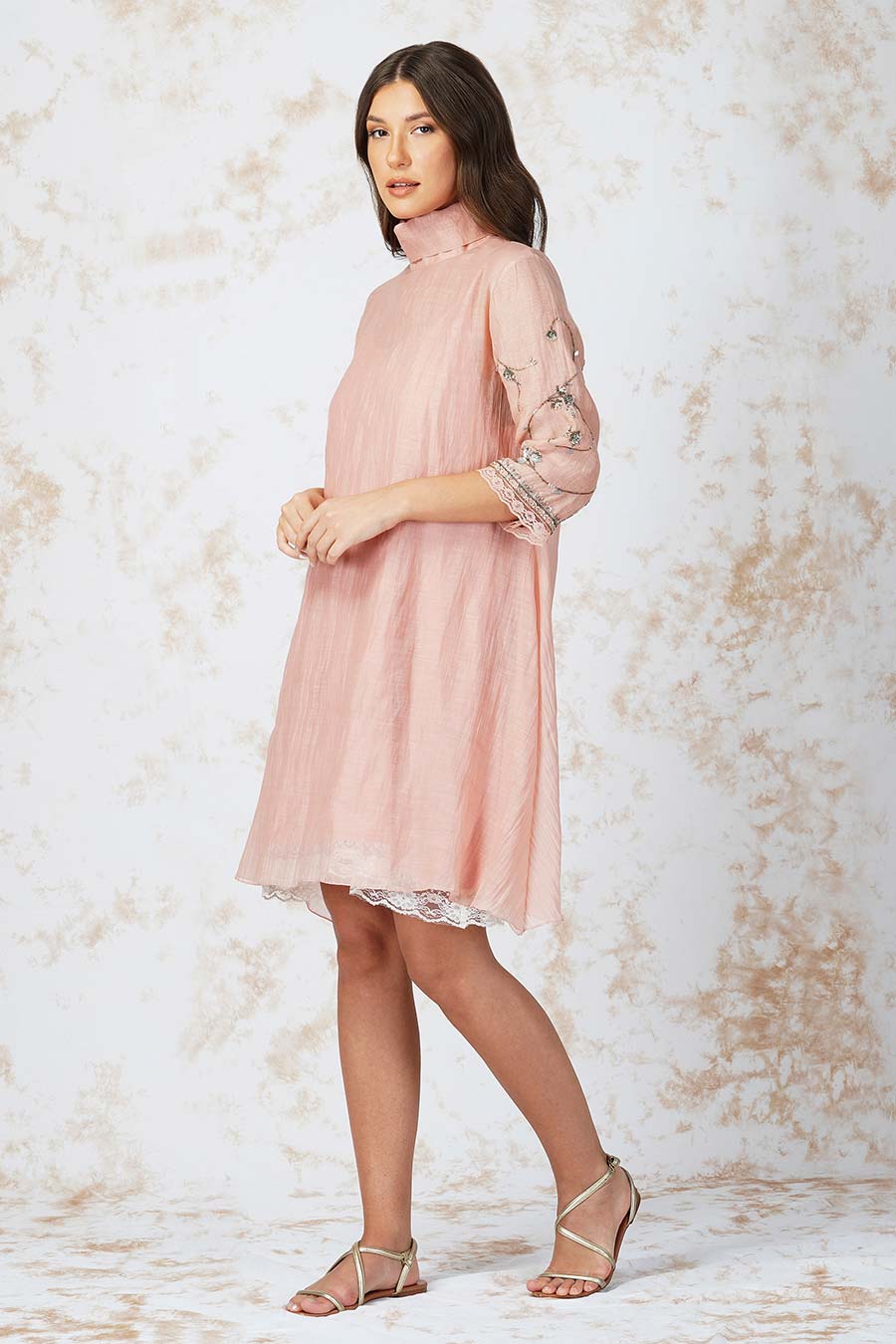 Antique Work Pink High-Neck Dress