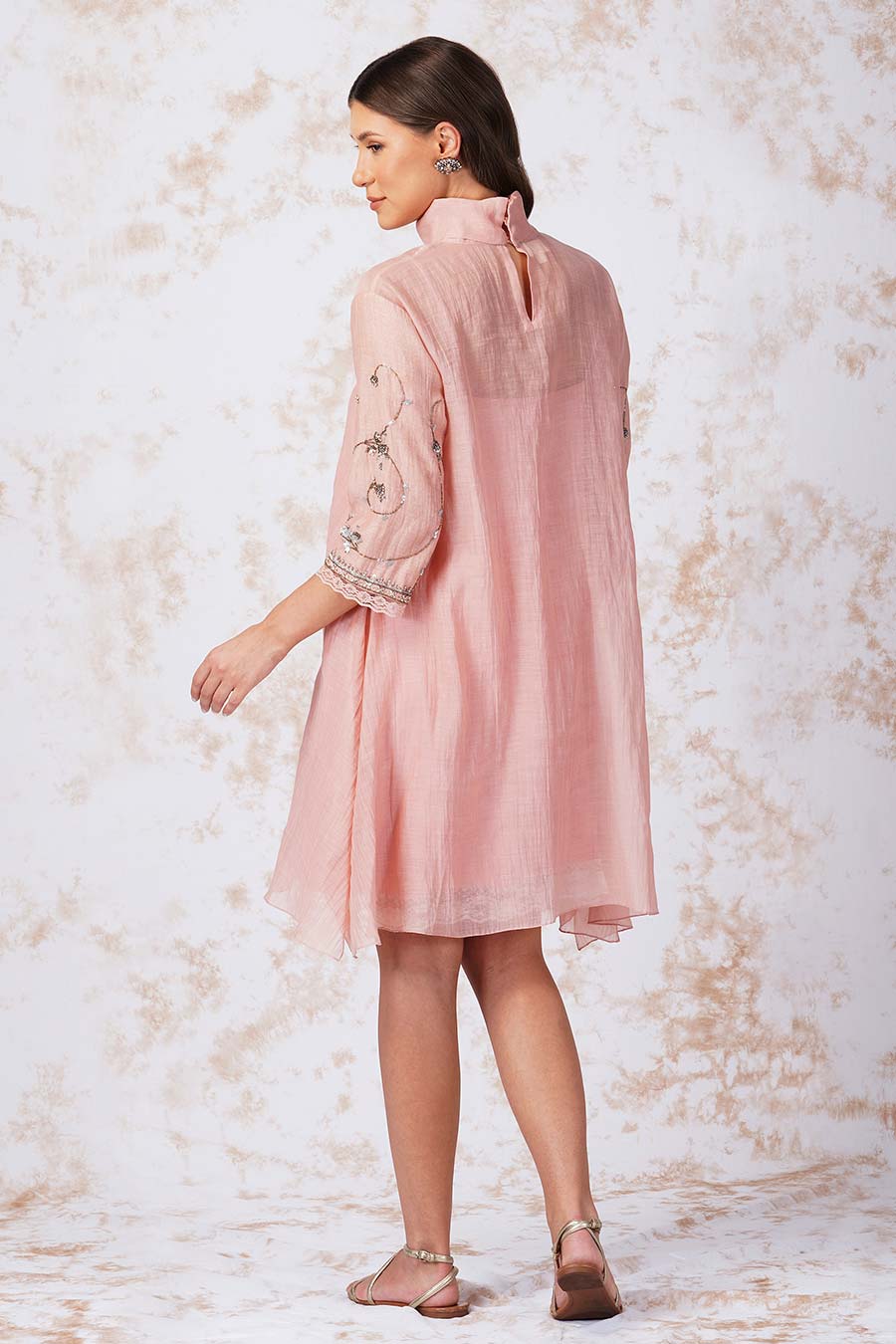 Antique Work Pink High-Neck Dress