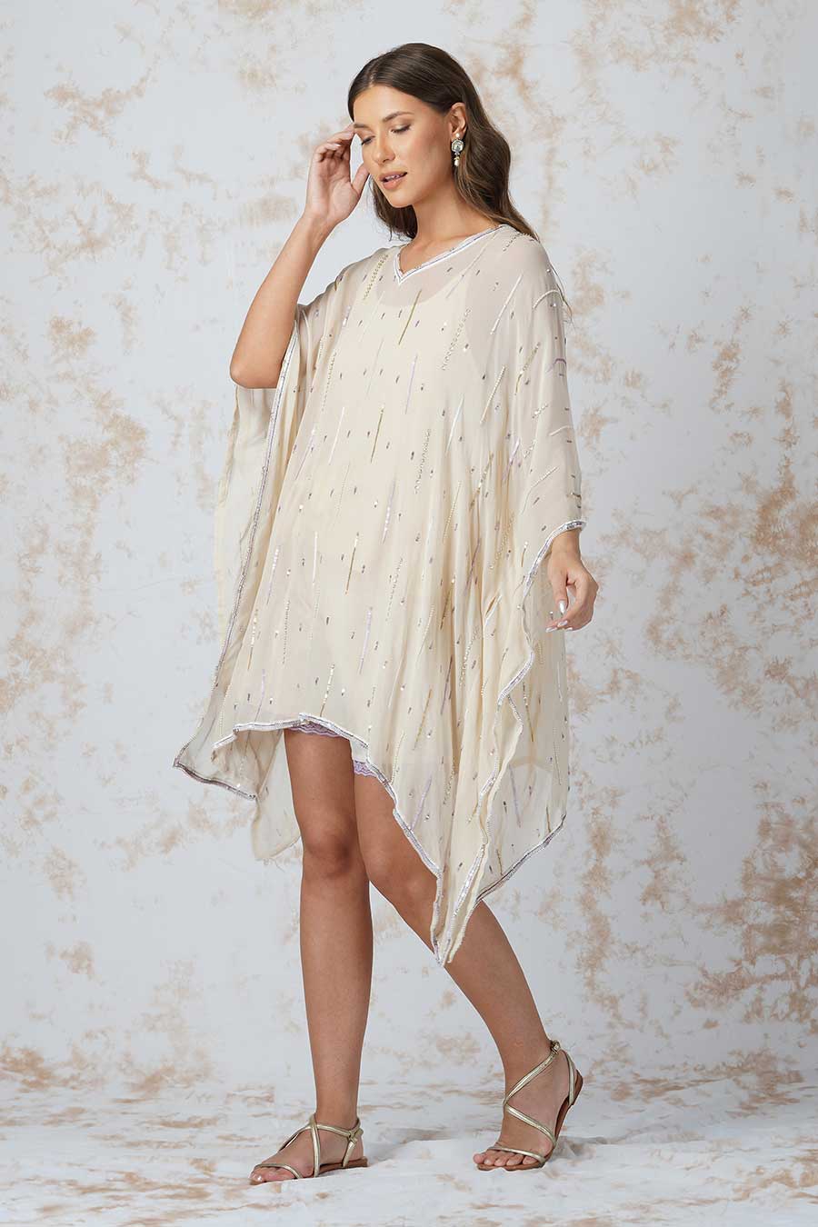 Ivory Sequined Kaftan & Shorts Set