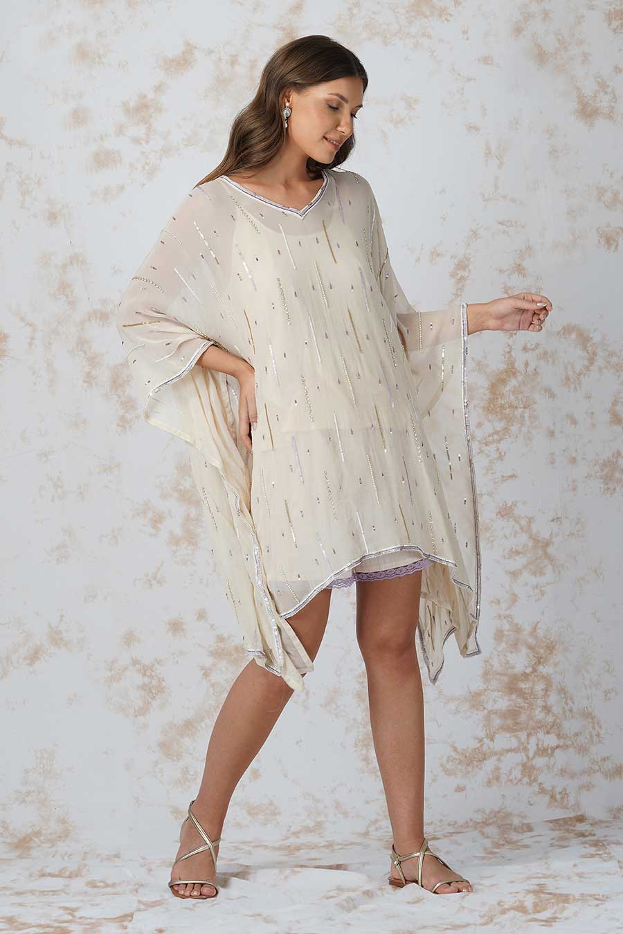 Ivory Sequined Kaftan & Shorts Set