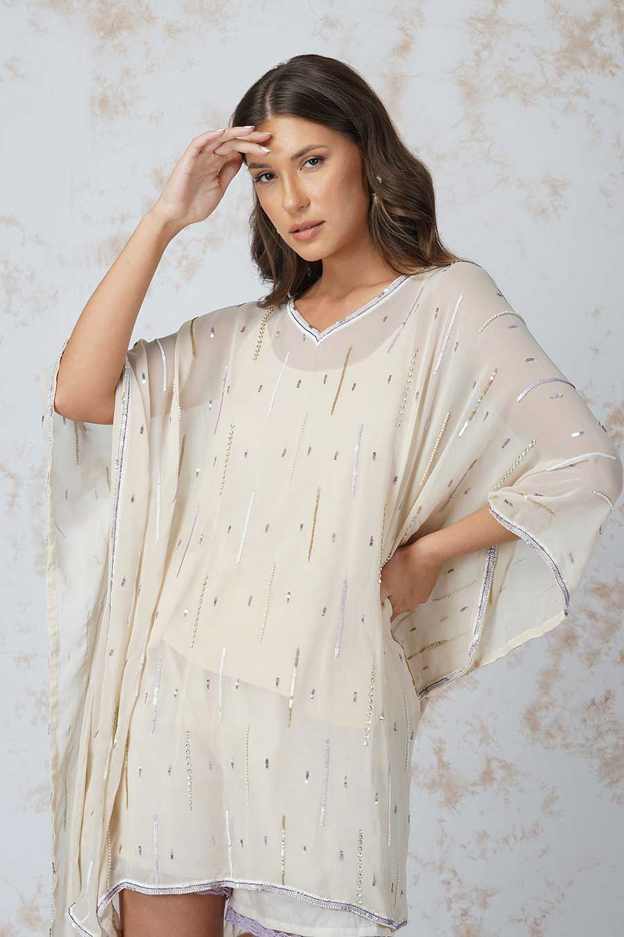 Ivory Sequined Kaftan & Shorts Set