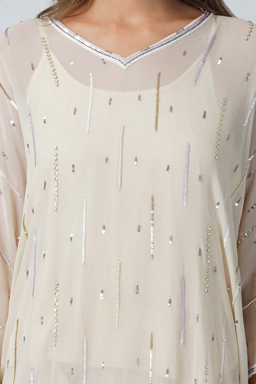 Ivory Sequined Kaftan & Shorts Set