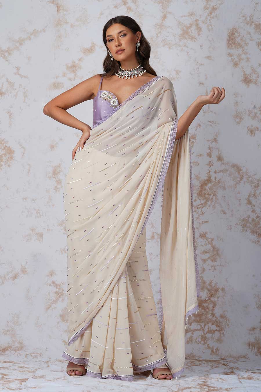 Ivory Sequined Saree & Lavender Blouse Set