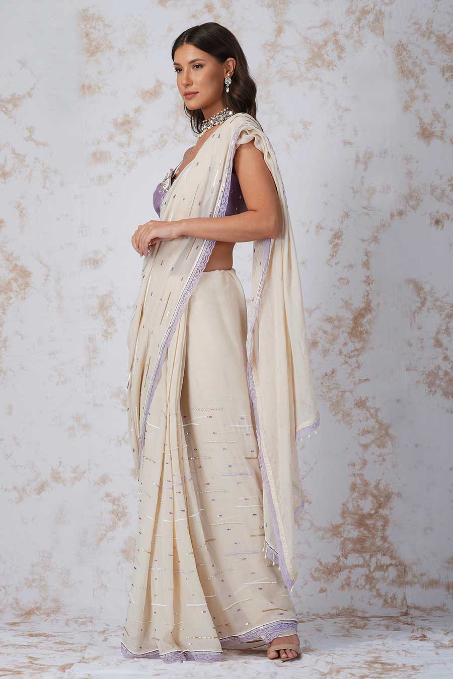 Ivory Sequined Saree & Lavender Blouse Set