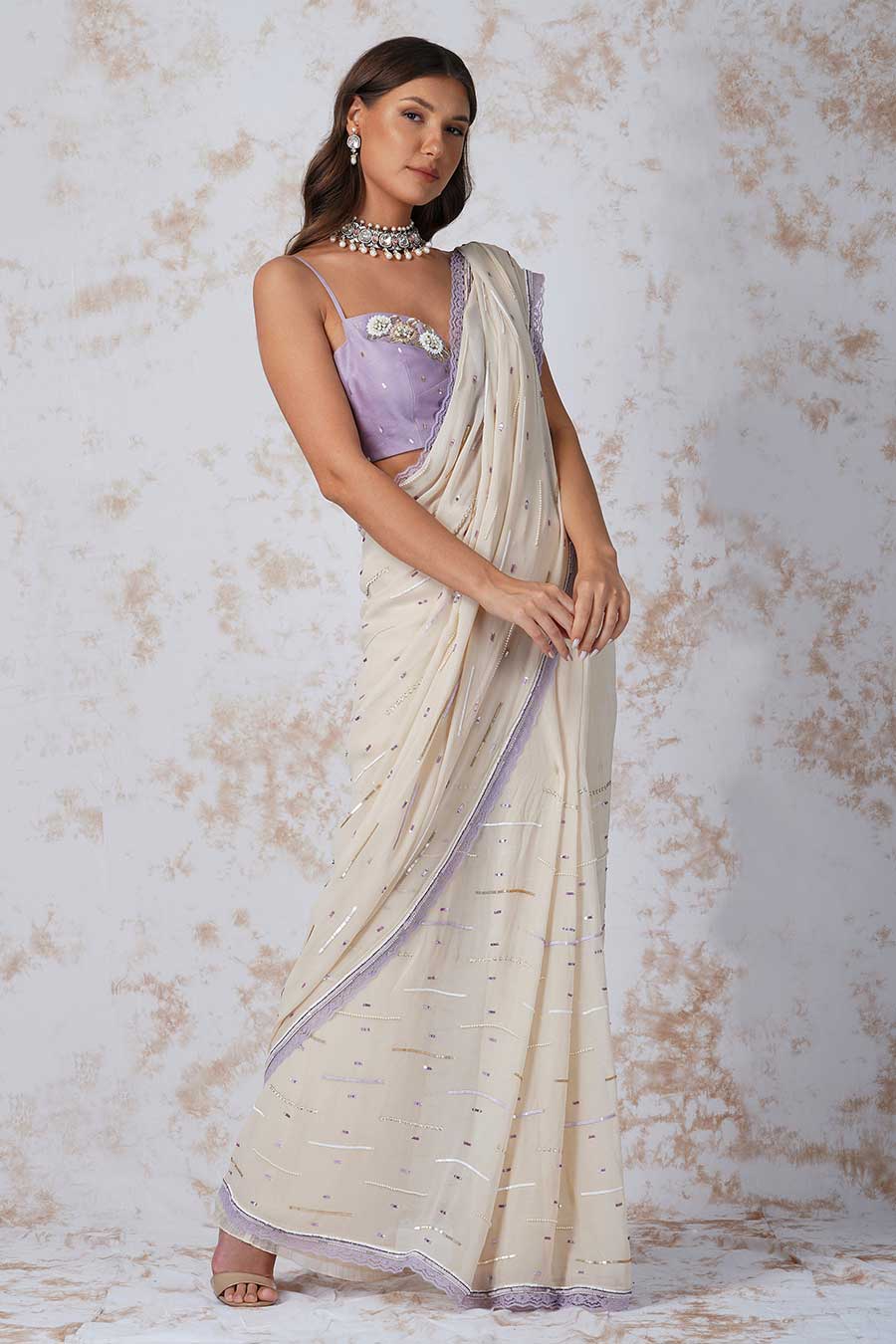 Ivory Sequined Saree & Lavender Blouse Set
