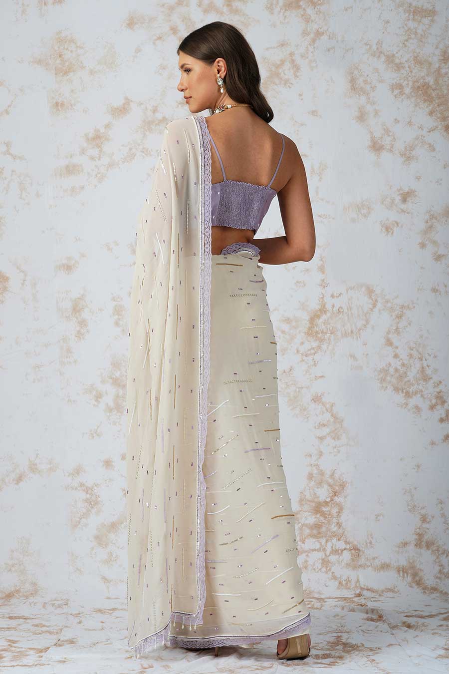Ivory Sequined Saree & Lavender Blouse Set