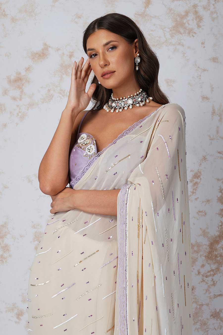 Ivory Sequined Saree & Lavender Blouse Set