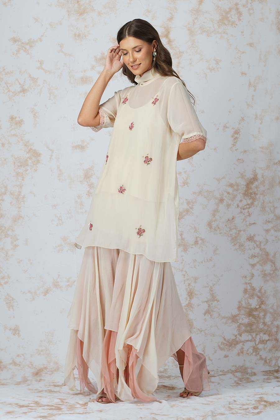 Ivory Beaded High-Neck Tunic & Gharara Set