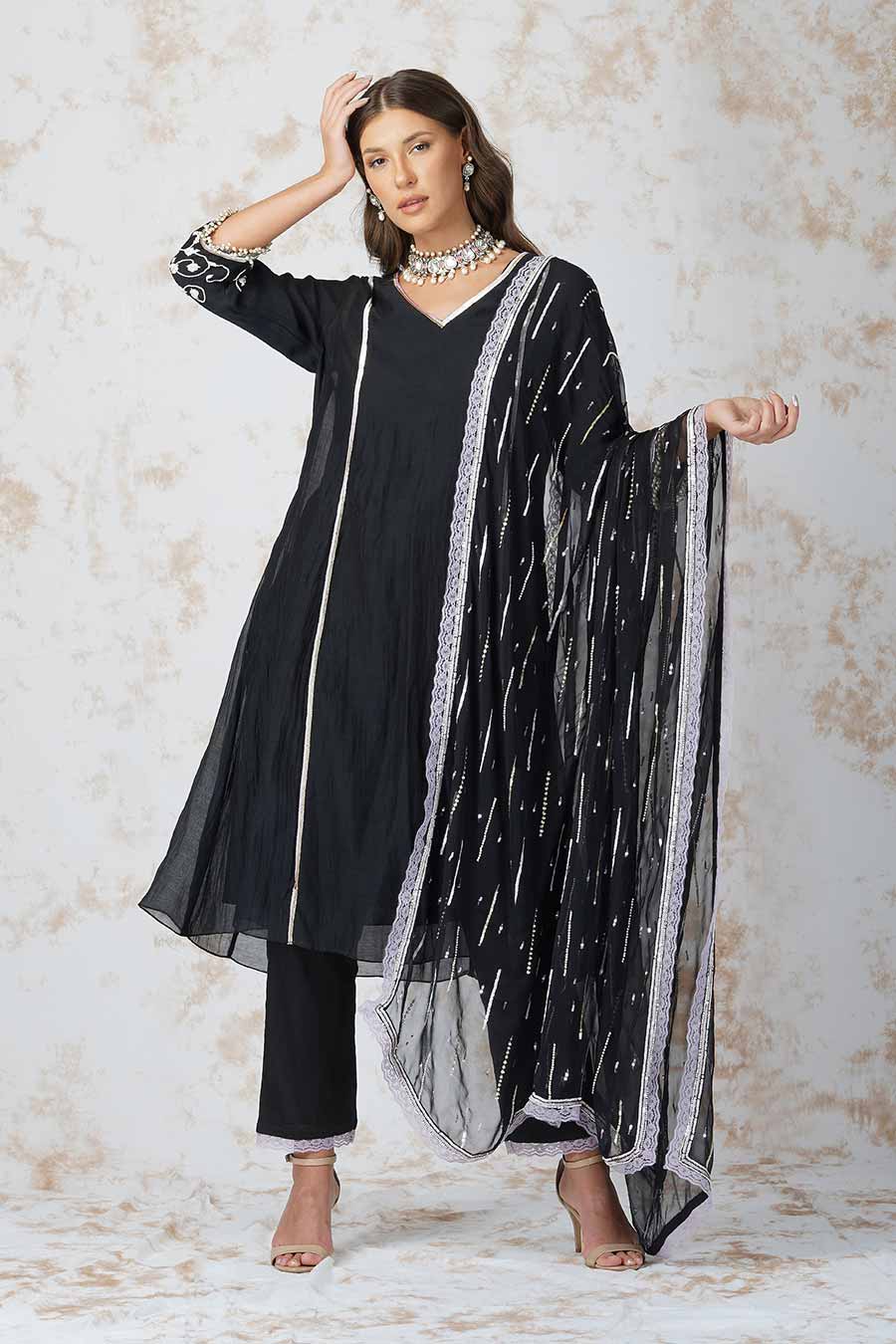 Black A-Line Kurta Set With Sequined Dupatta