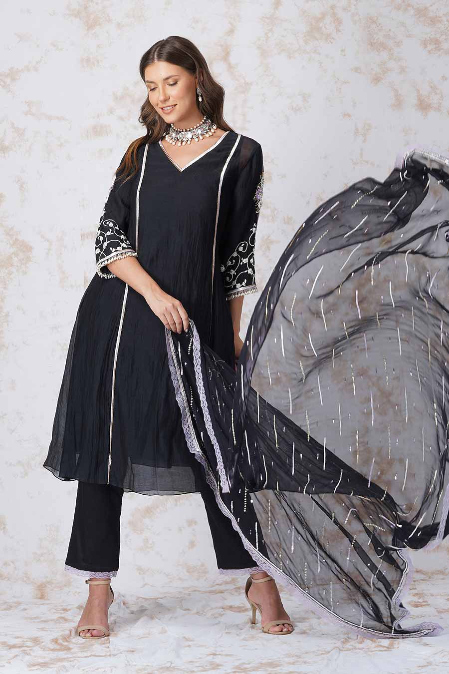 Black A-Line Kurta Set With Sequined Dupatta
