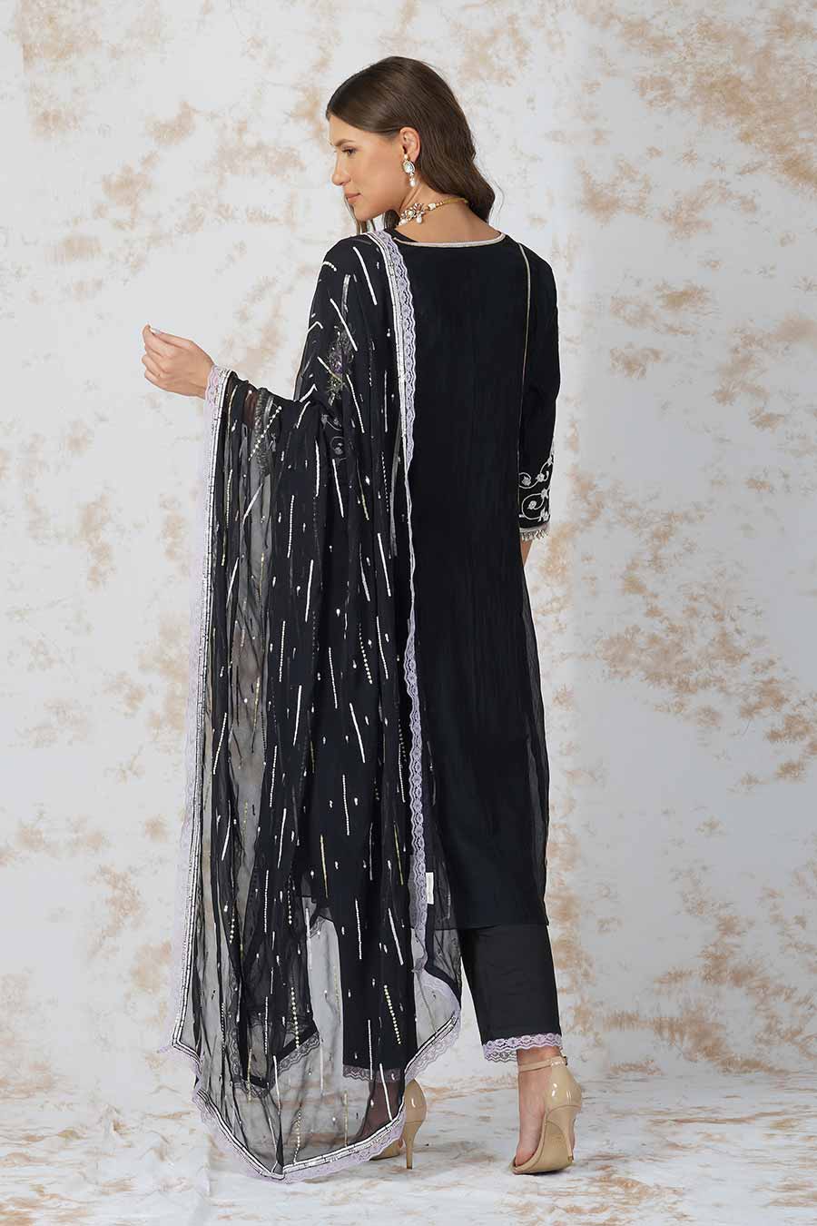 Black A-Line Kurta Set With Sequined Dupatta