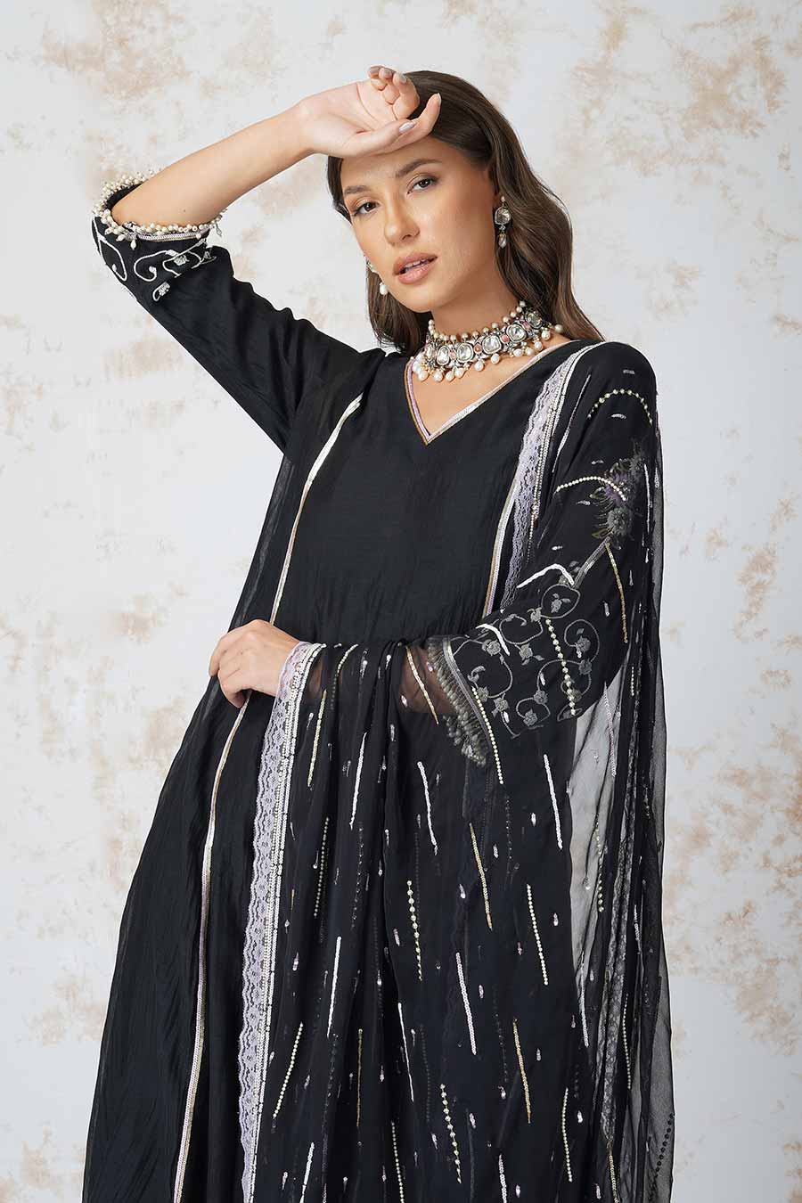 Black A-Line Kurta Set With Sequined Dupatta