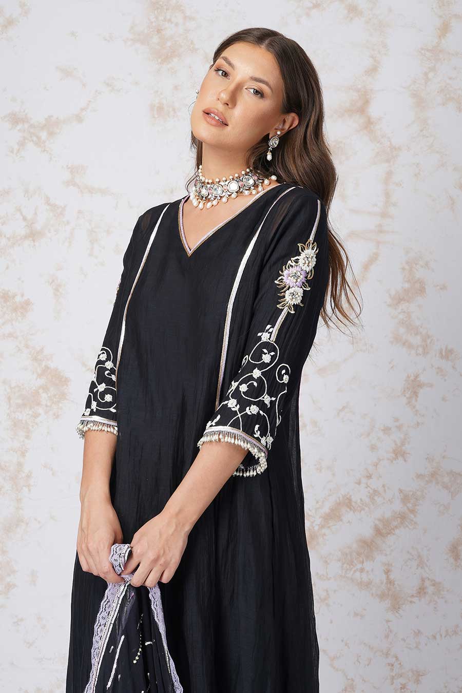 Black A-Line Kurta Set With Sequined Dupatta