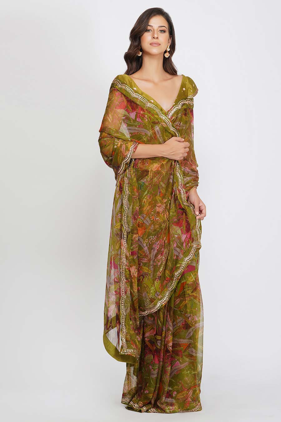 Leaf Print Sequin Saree & Blouse Set