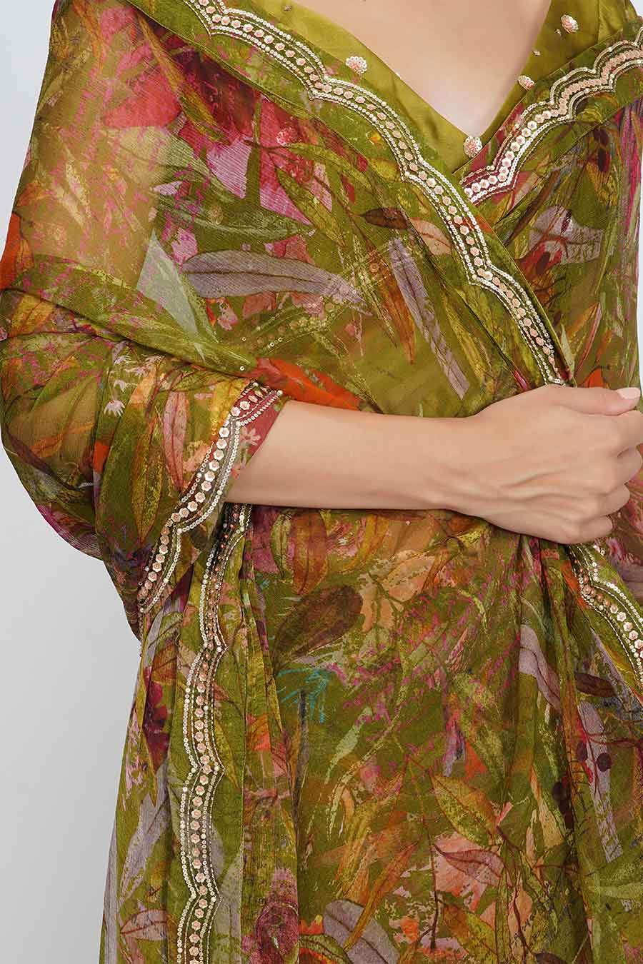 Leaf Print Sequin Saree & Blouse Set