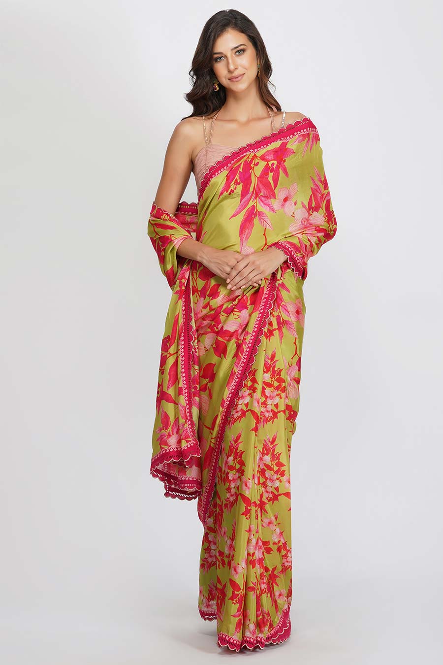 Floral Print Green Silk Saree Set