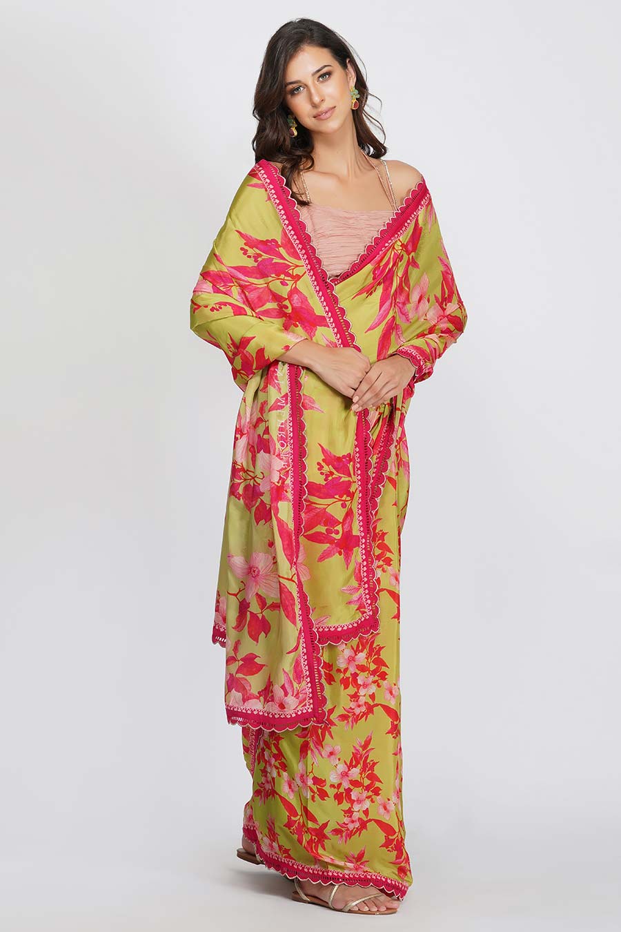 Floral Print Green Silk Saree Set