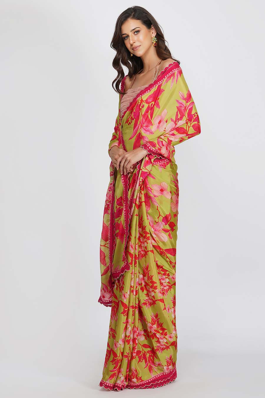 Floral Print Green Silk Saree Set