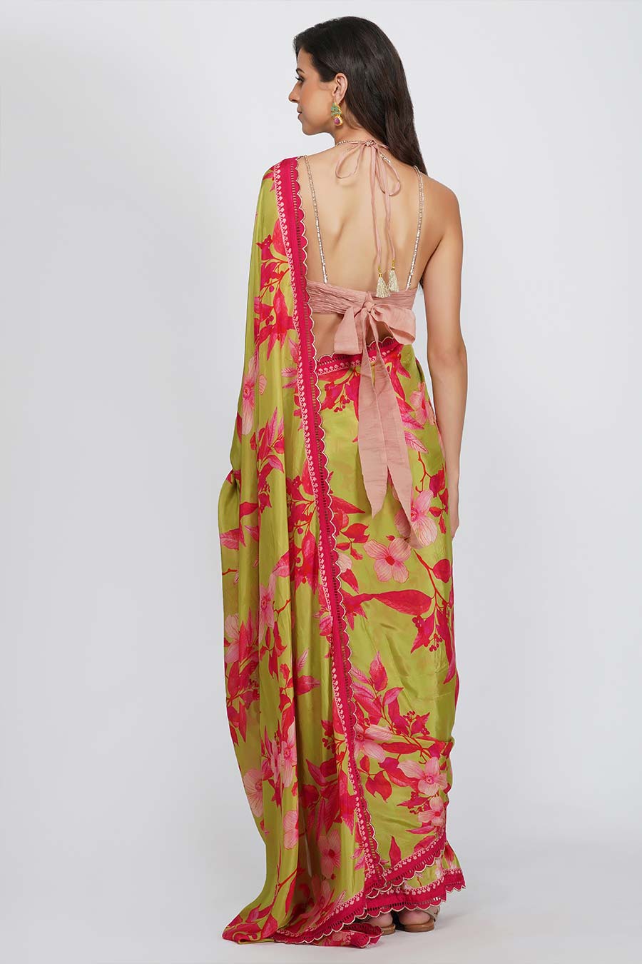 Floral Print Green Silk Saree Set