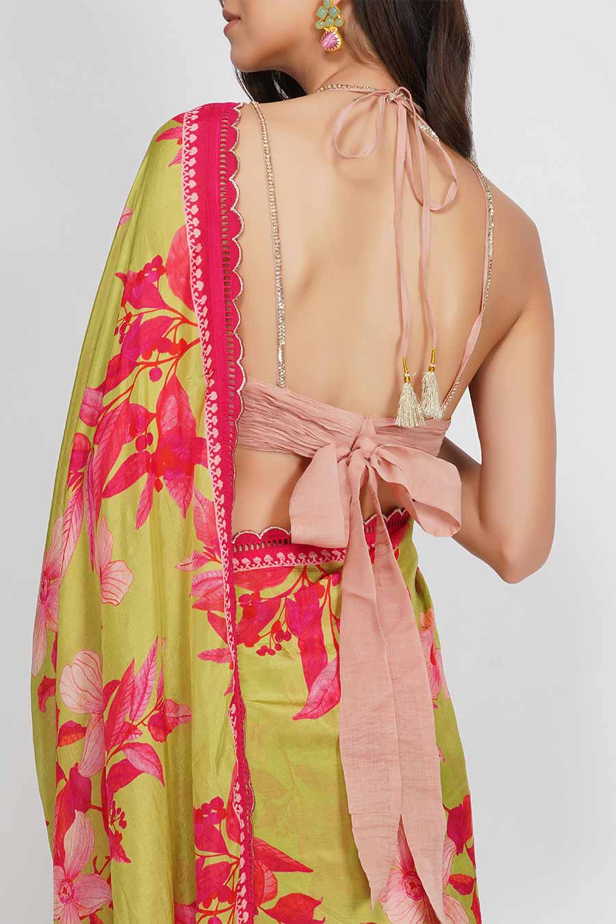 Floral Print Green Silk Saree Set