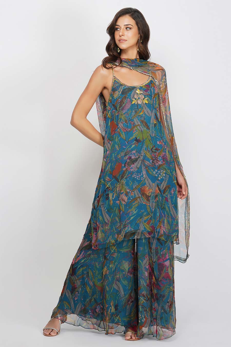 Teal Sequin Flower Gharara Set