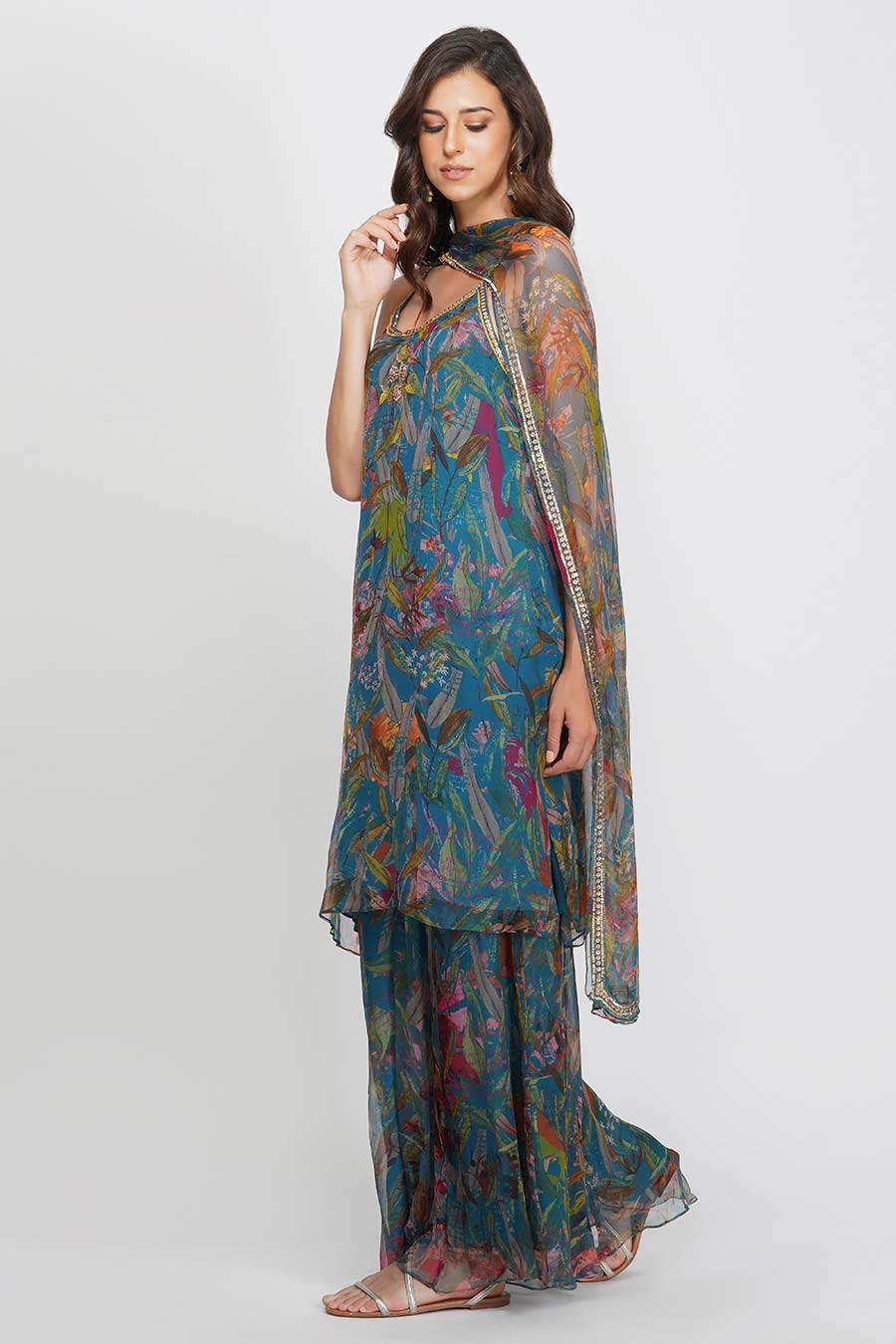 Teal Sequin Flower Gharara Set