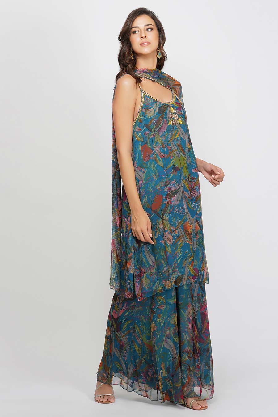 Teal Sequin Flower Gharara Set