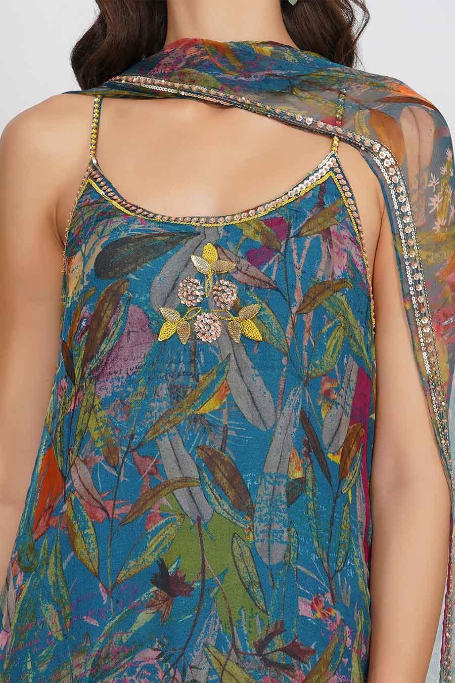 Teal Sequin Flower Gharara Set