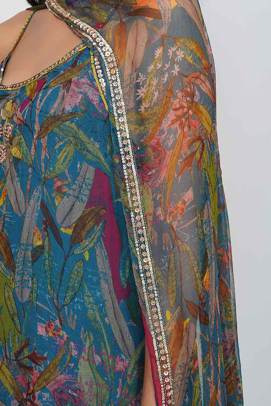 Teal Sequin Flower Gharara Set