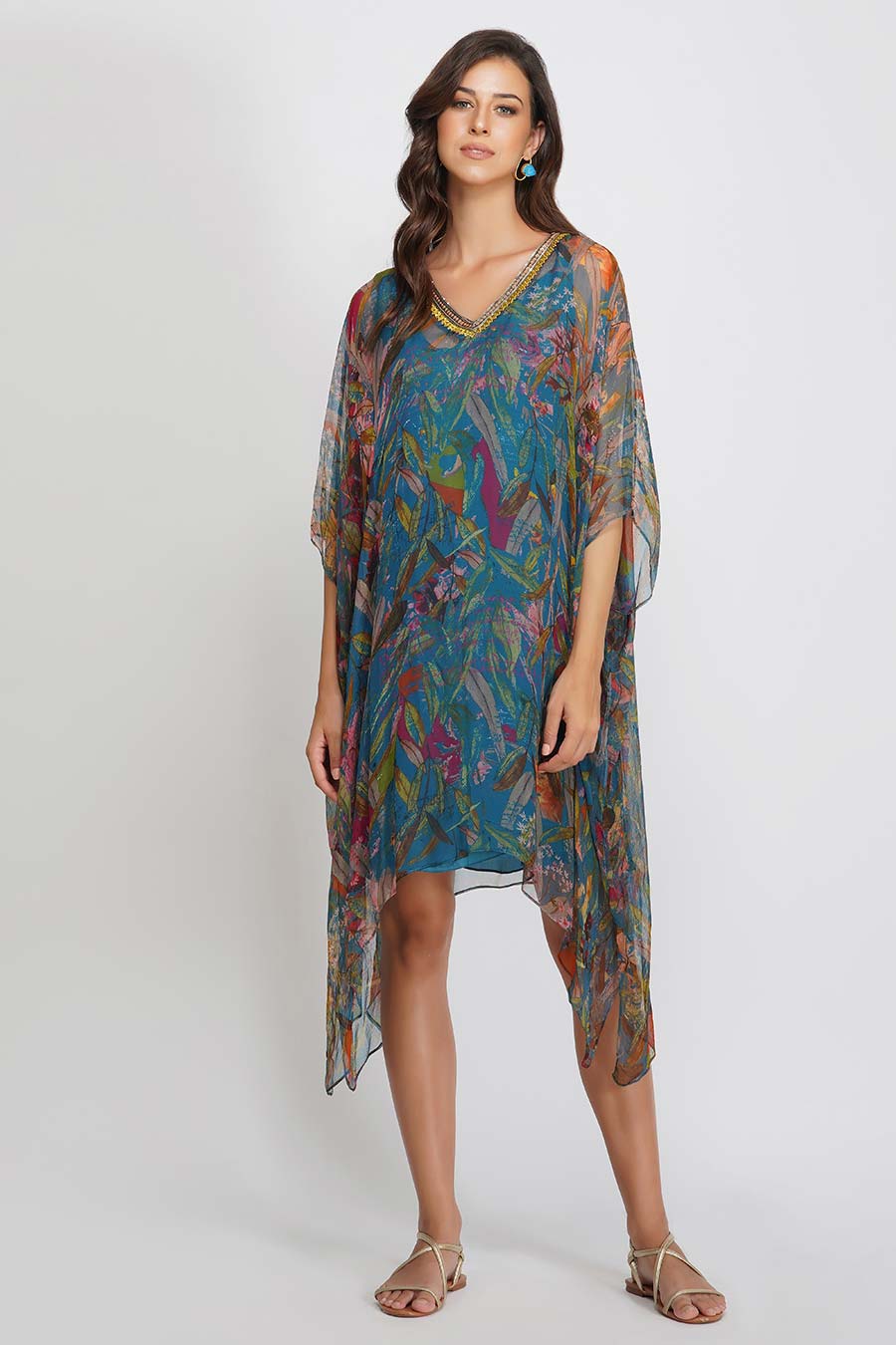 Teal Leaf Print Sequin Kaftan Dress