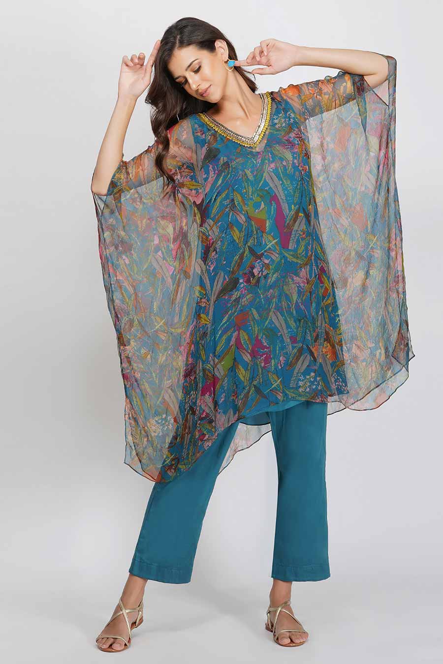 Teal Leaf Print Sequin Kaftan Dress
