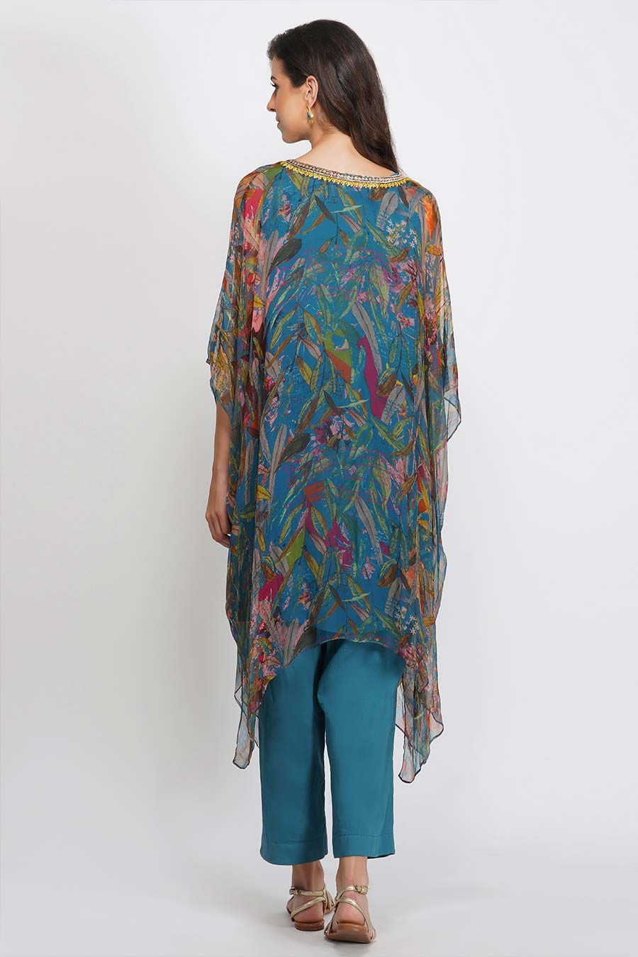 Teal Leaf Print Sequin Kaftan Dress