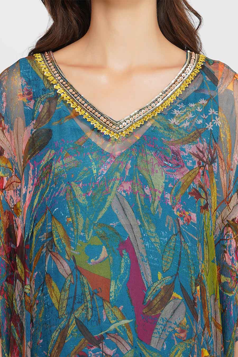 Teal Leaf Print Sequin Kaftan Dress