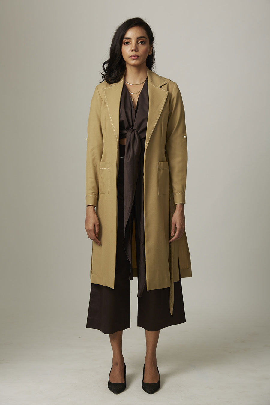 Camel Trench With Contrast Stitching