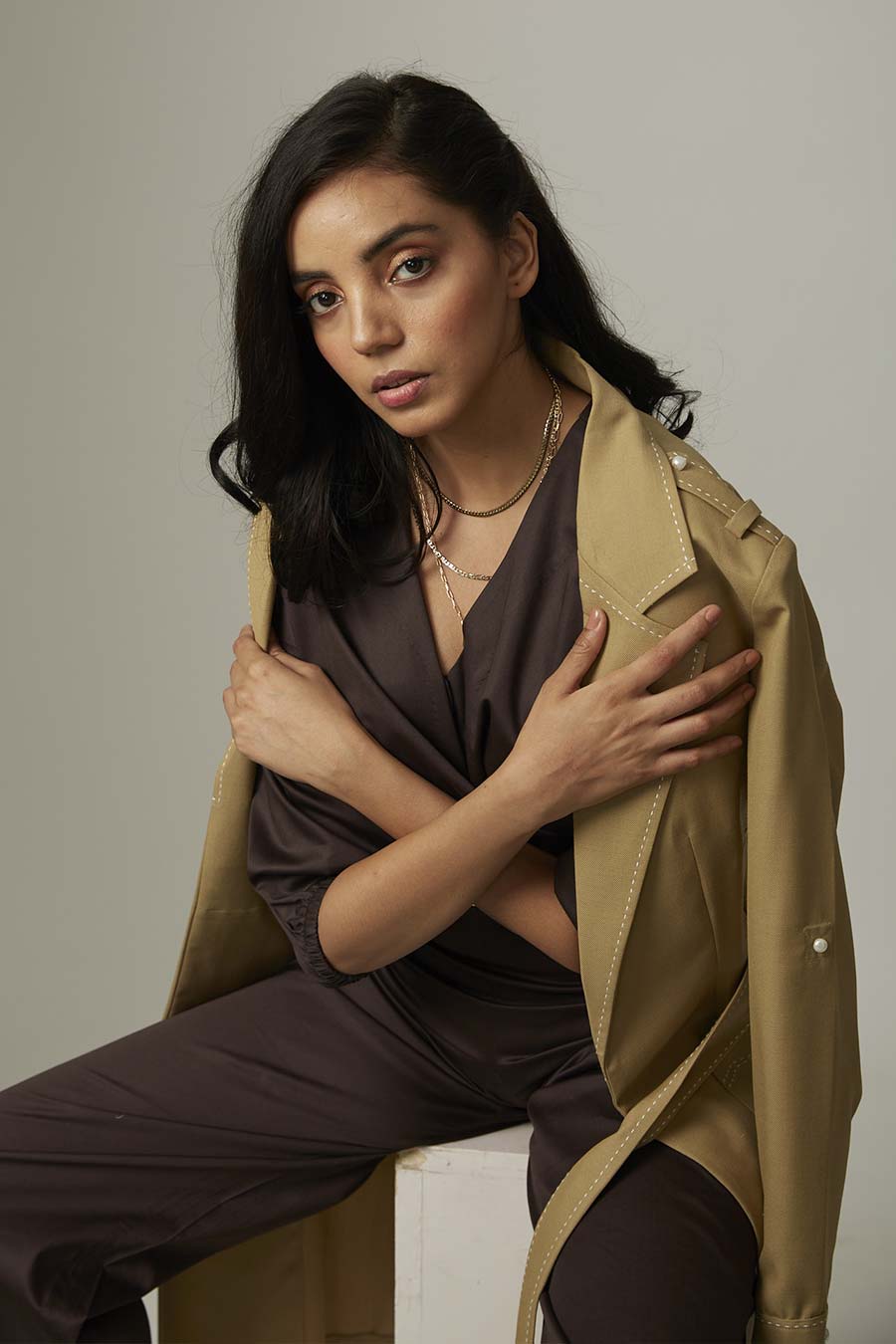 Camel Trench With Contrast Stitching