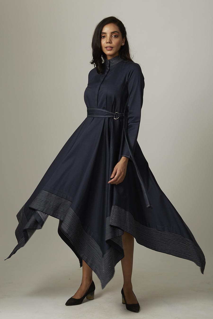 Navy Kantha Stitch Handkerchief Dress