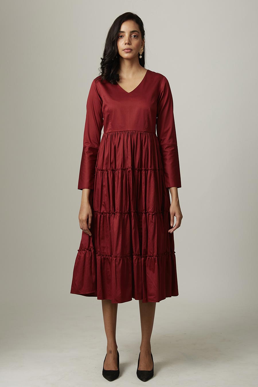 Maroon Tiered Midi Dress