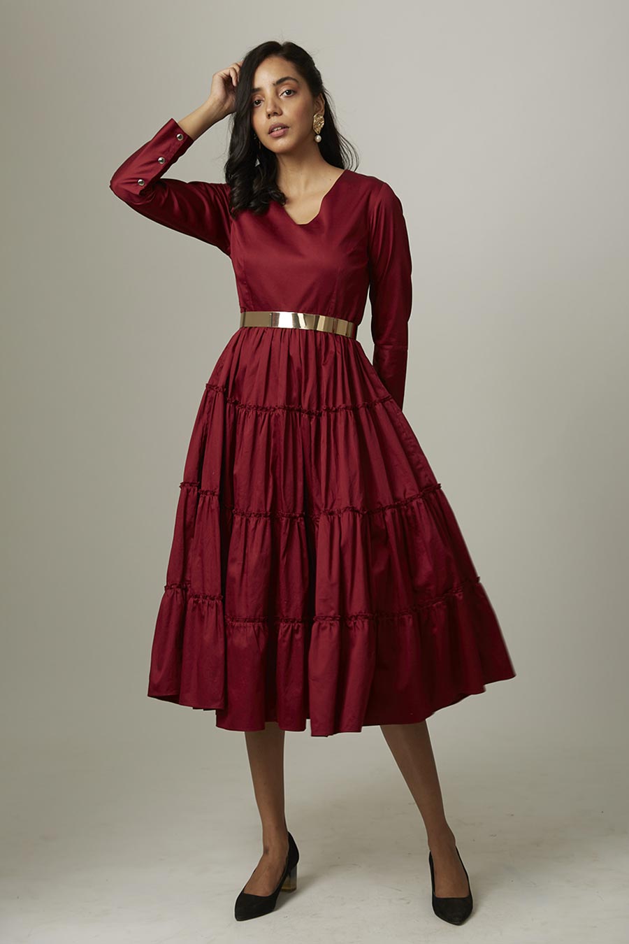 Maroon Tiered Midi Dress