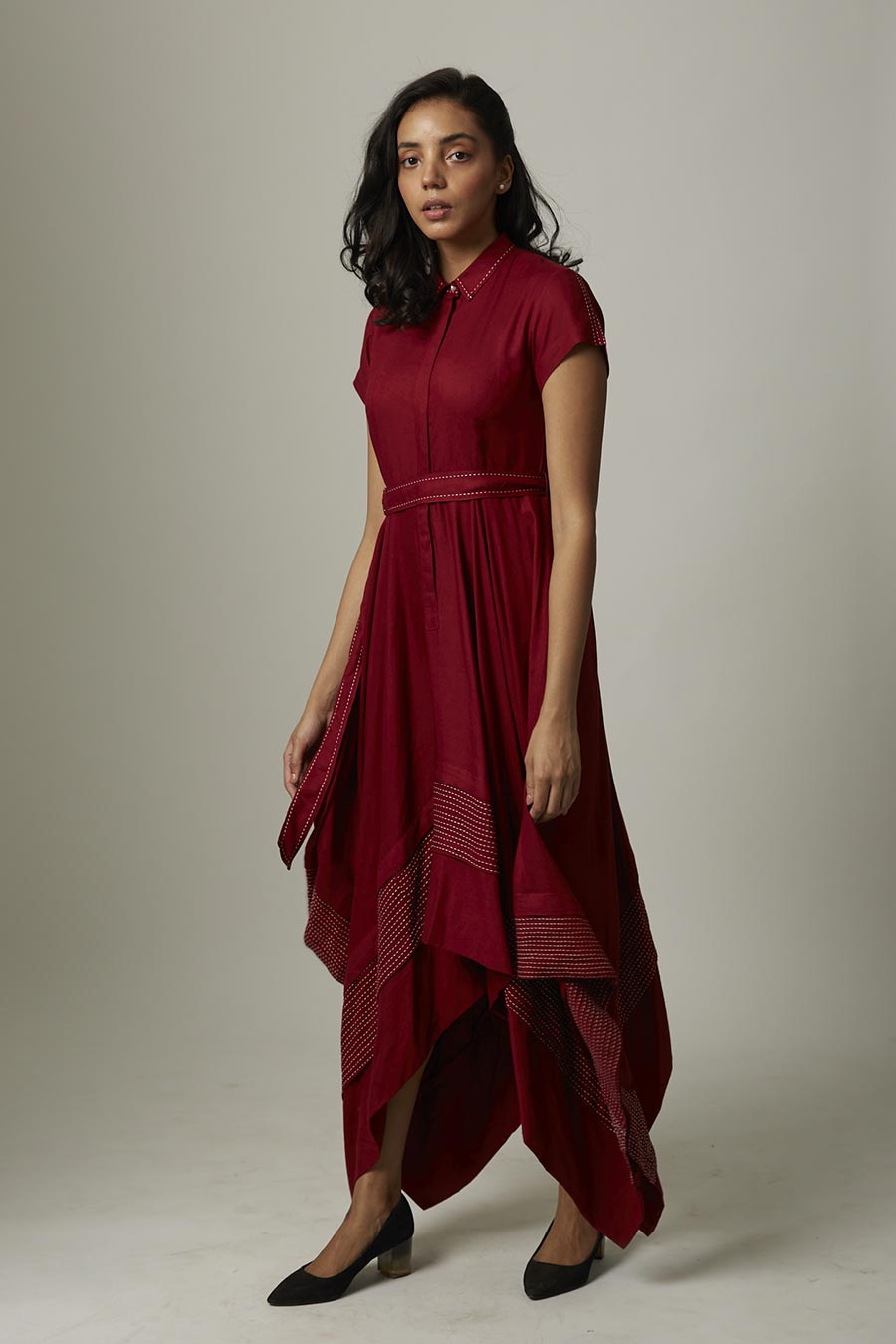 Maroon Kantha Stitch Handkerchief Dress