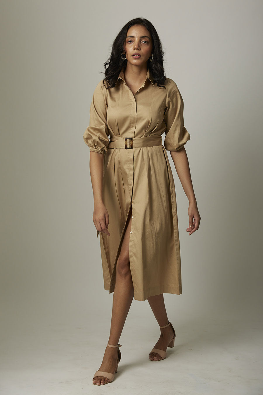 Gold Tucked Waist Shirt Dress