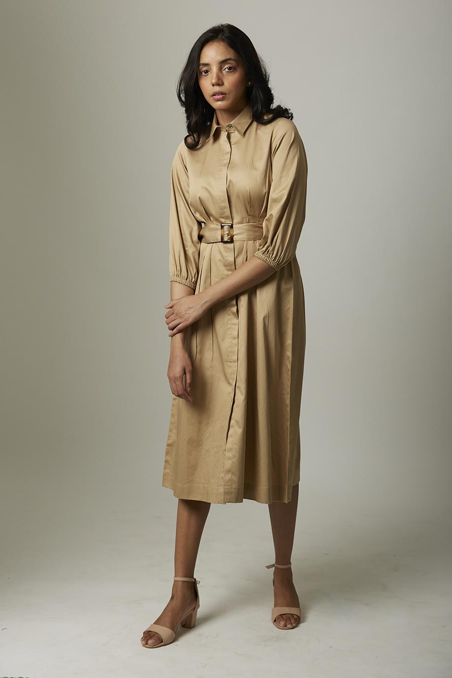 Gold Tucked Waist Shirt Dress