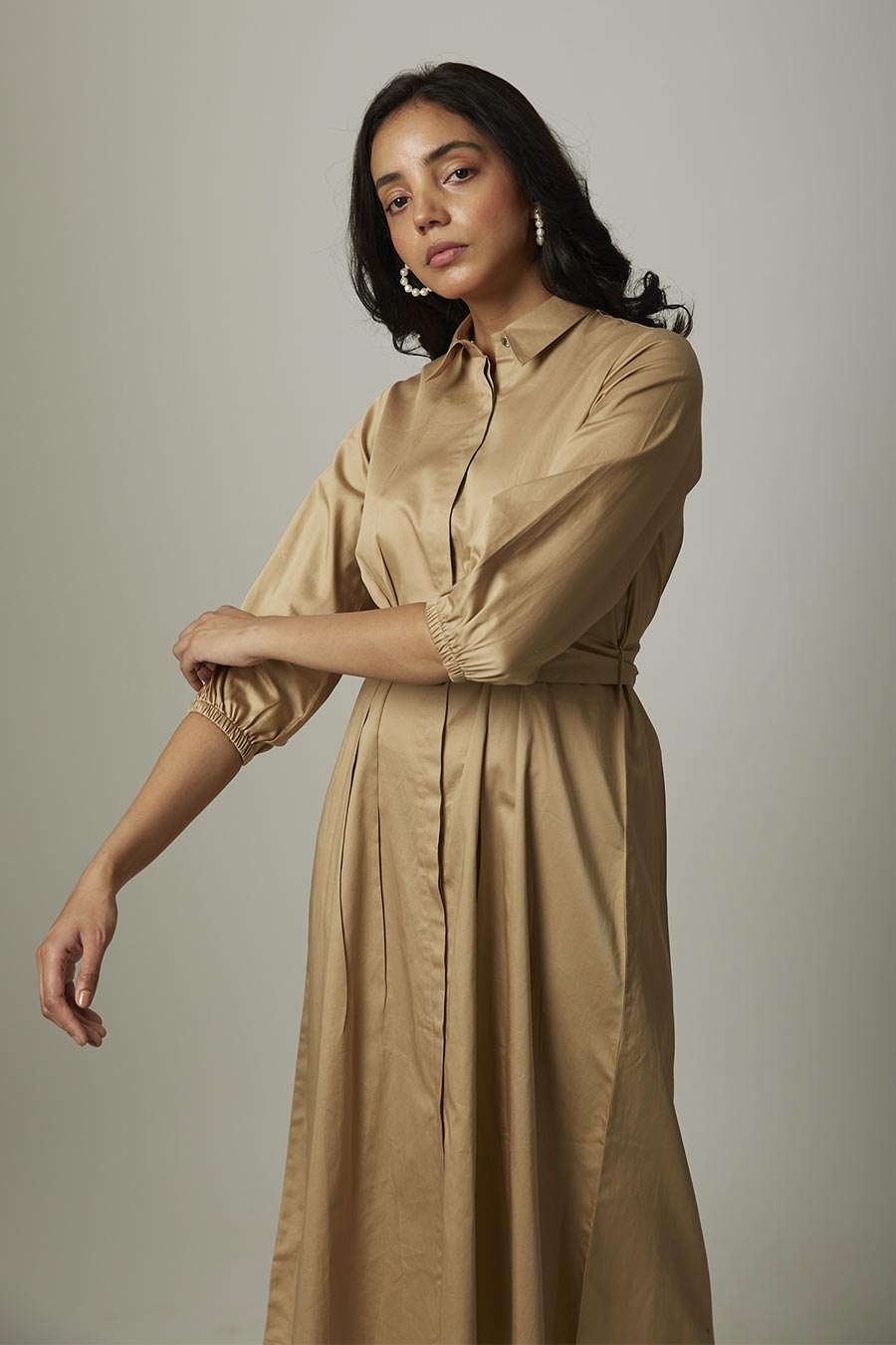 Gold Tucked Waist Shirt Dress