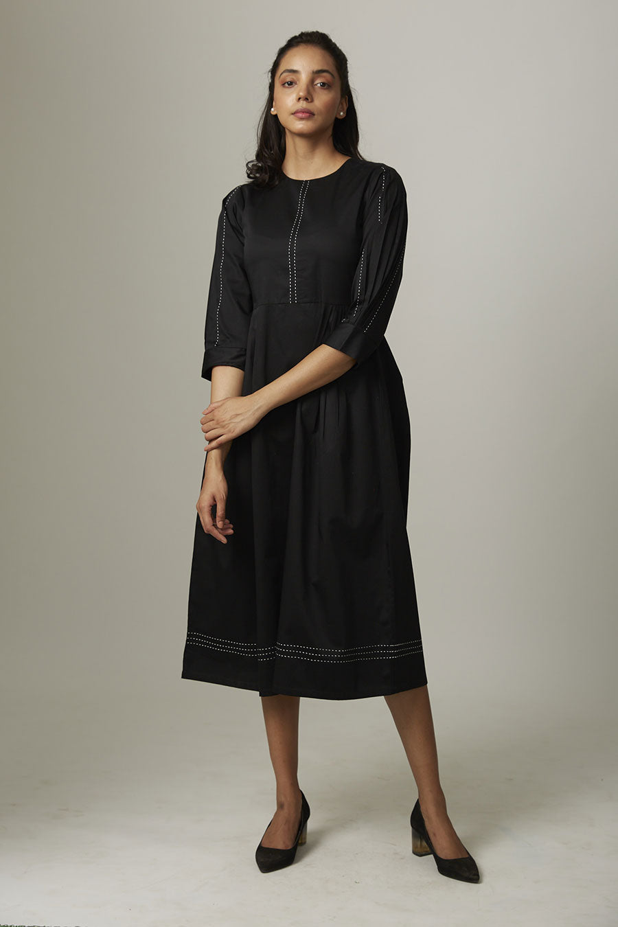 Black Pleated Kantha Stitch Dress