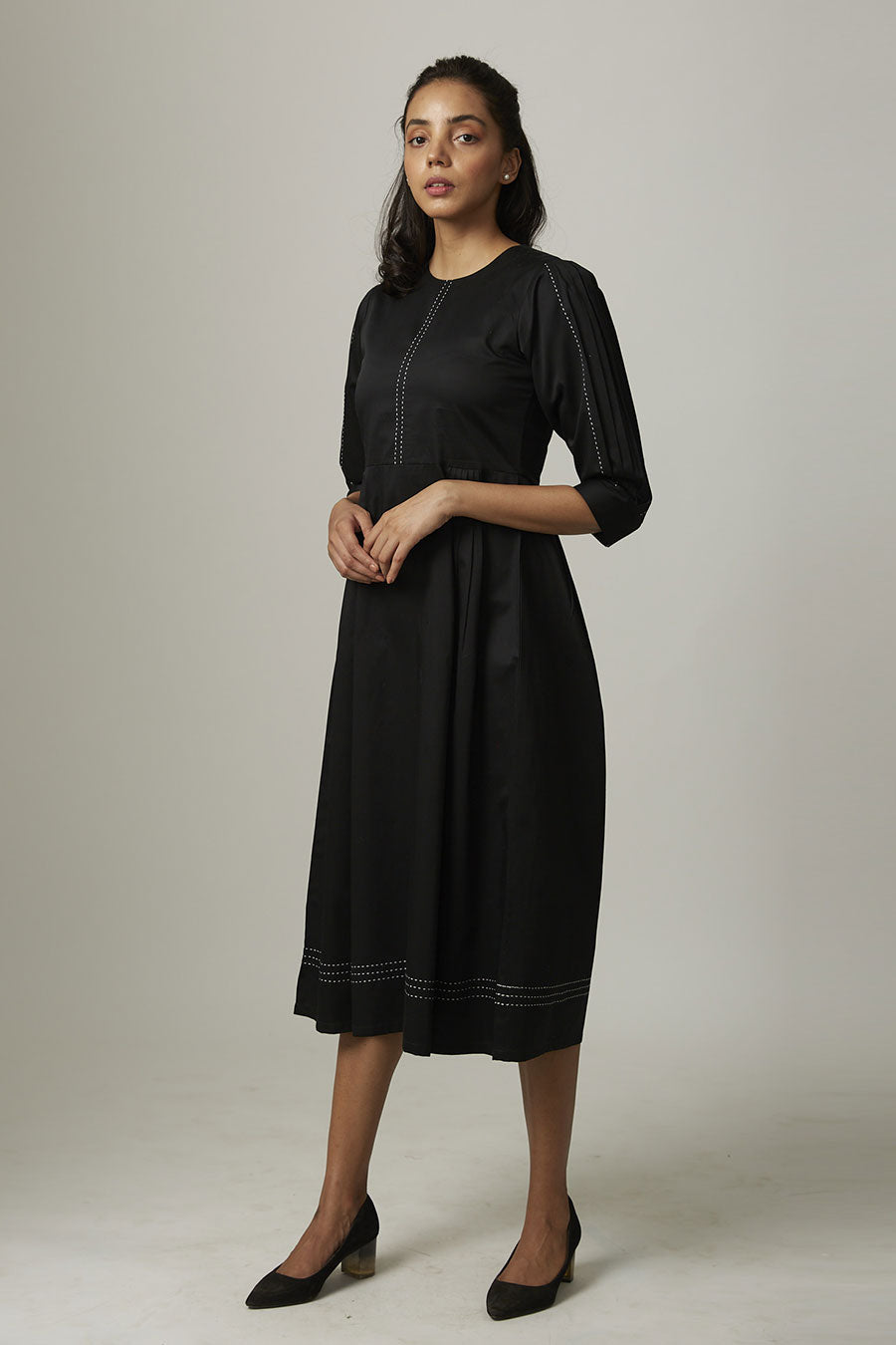 Black Pleated Kantha Stitch Dress