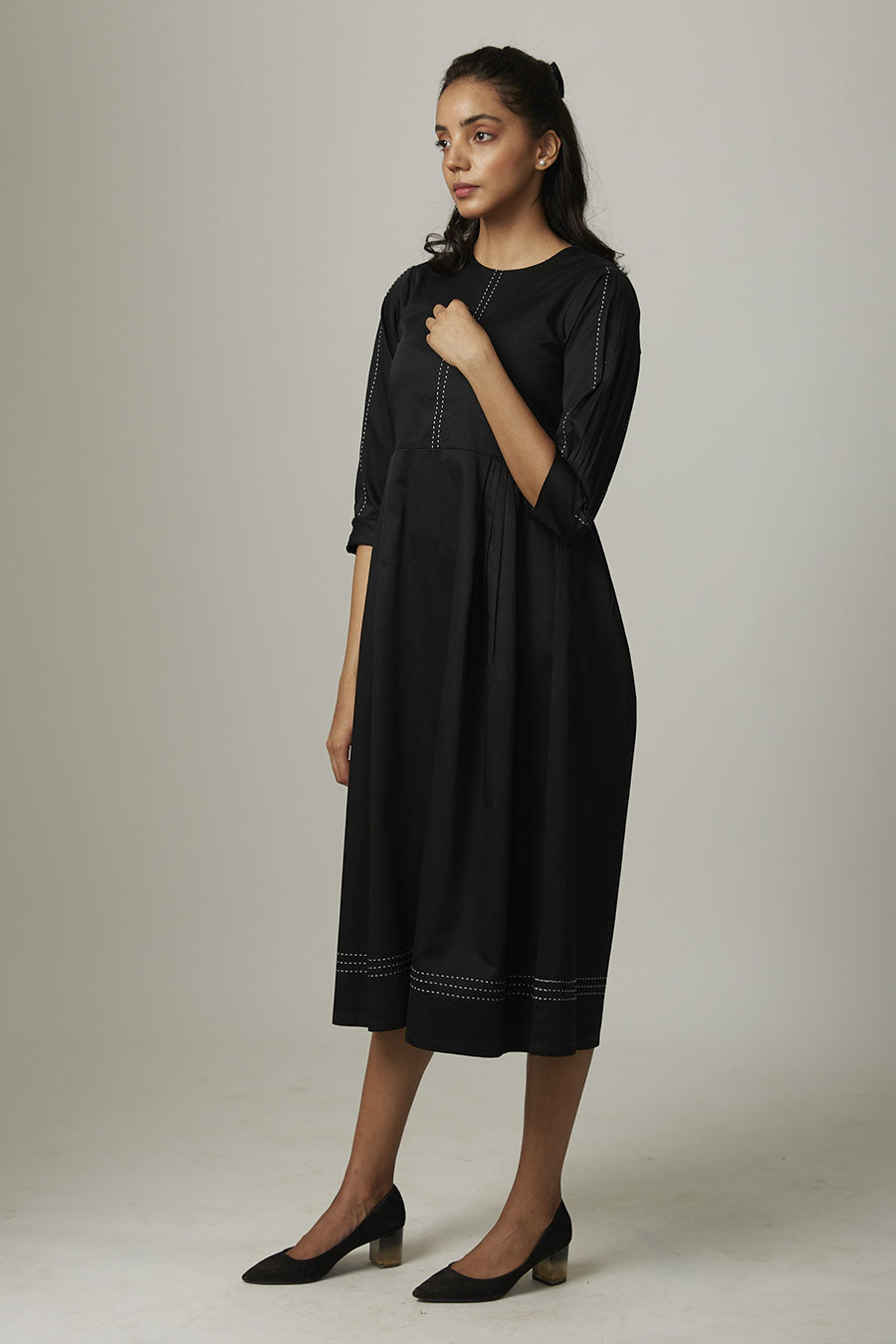 Black Pleated Kantha Stitch Dress