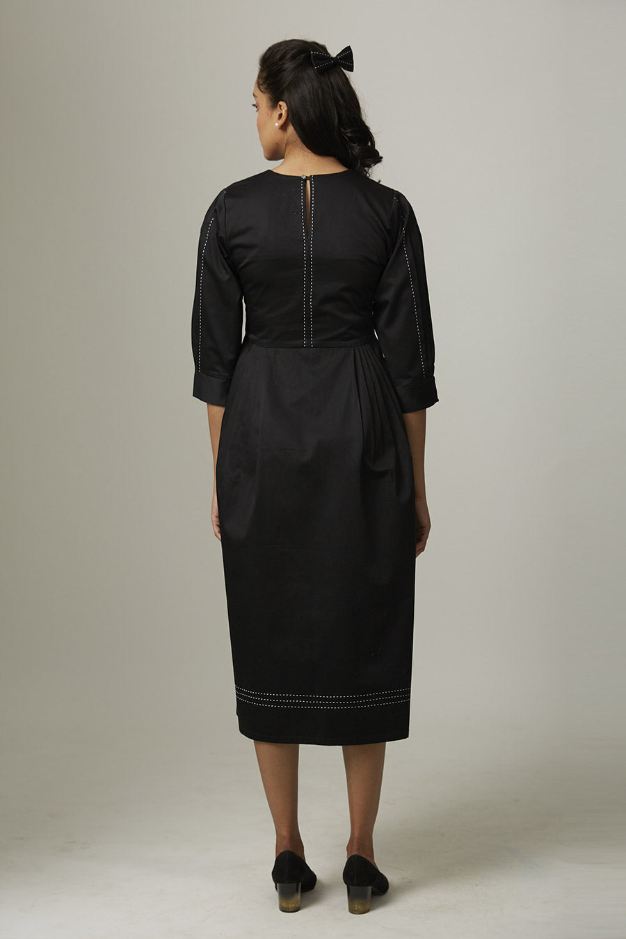 Black Pleated Kantha Stitch Dress